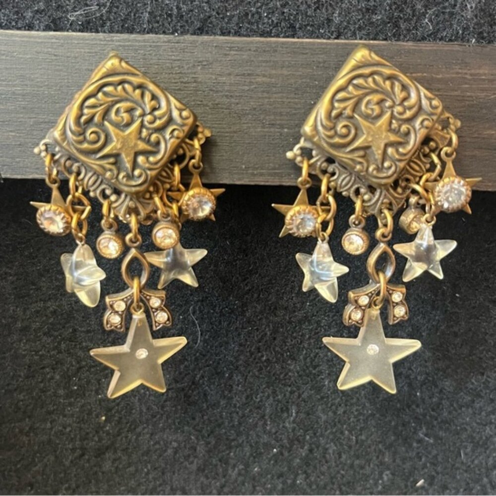 Vintage Banana Bob Bronze Star Filigree Dangle Clip On Earrings